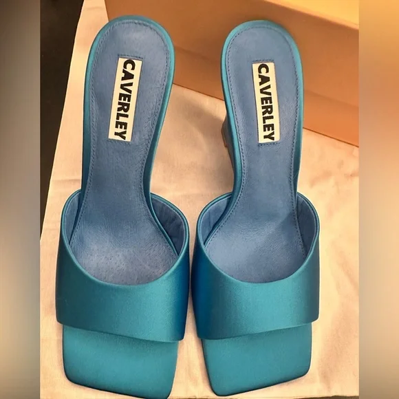 CAVERLEY Ozi Wedge Heels - Blue Satin & Leather Sculptured heeled mules Sz39 NEW - Picture 6 of 10